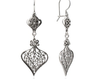 Flower Silver Dangle Earrings 925 Sterling Silver Drop Earrings Artisan Made Handcrafted Filigree Floral Earrings Women Handmade Jewelry