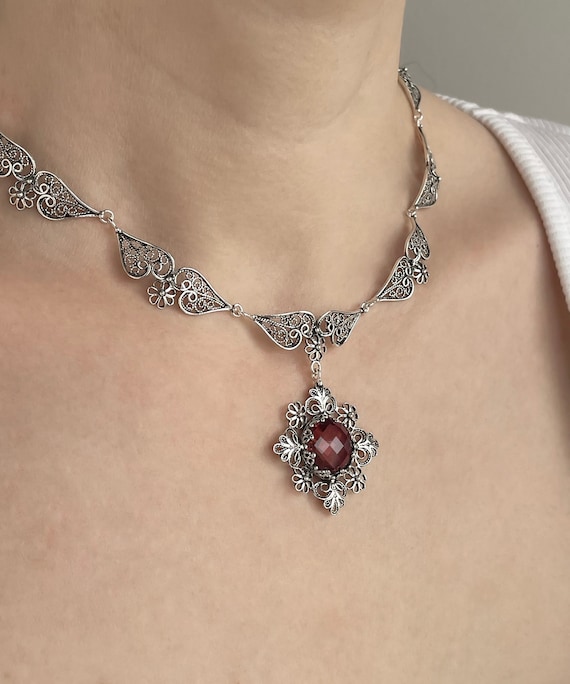 アクセサリー Vintage stone silver necklace Alexandrite Silver Choker Victorian Women Necklace, 925