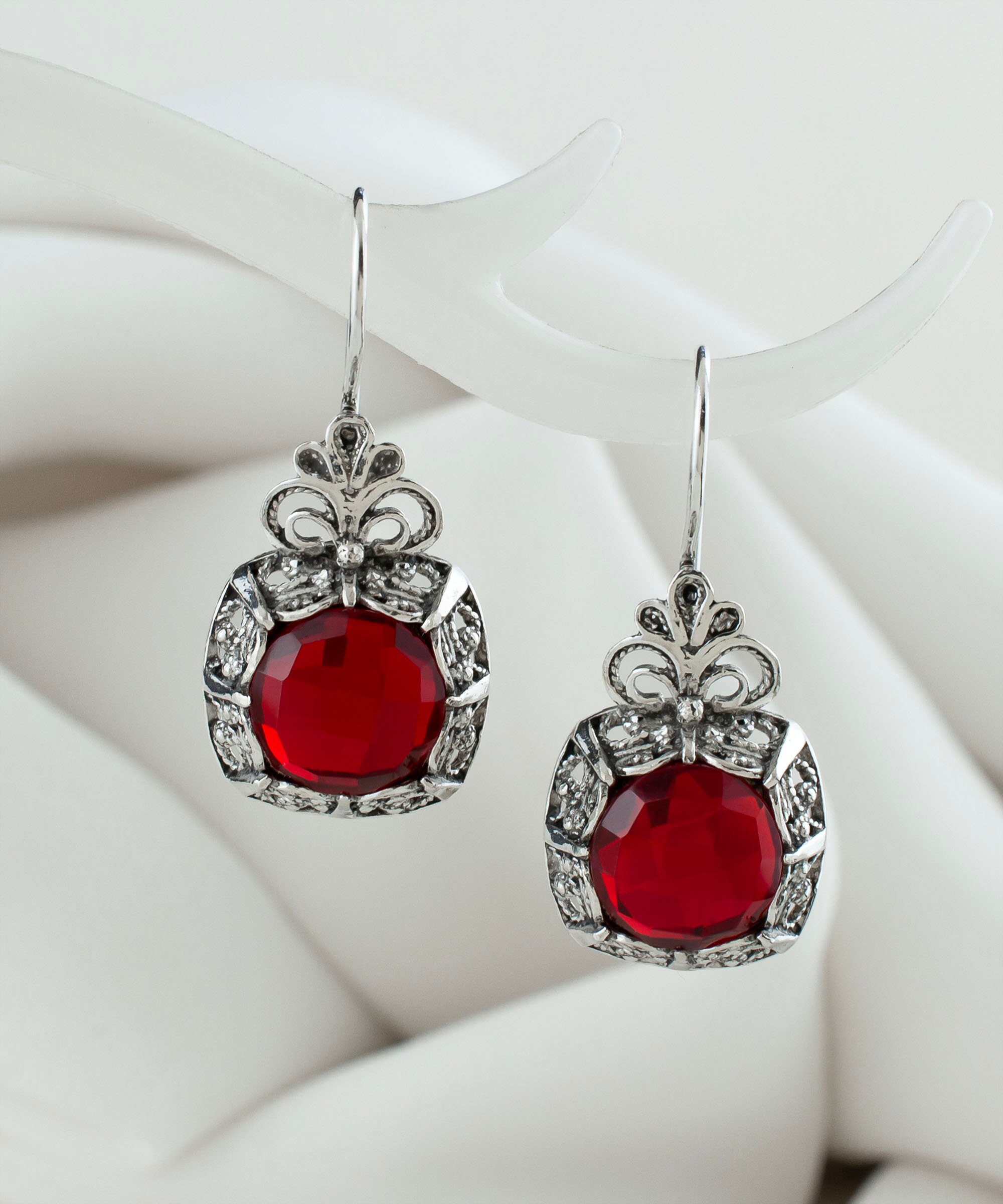 Ruby Silver Boho Floral Square Drop Earrings, 925 Sterling