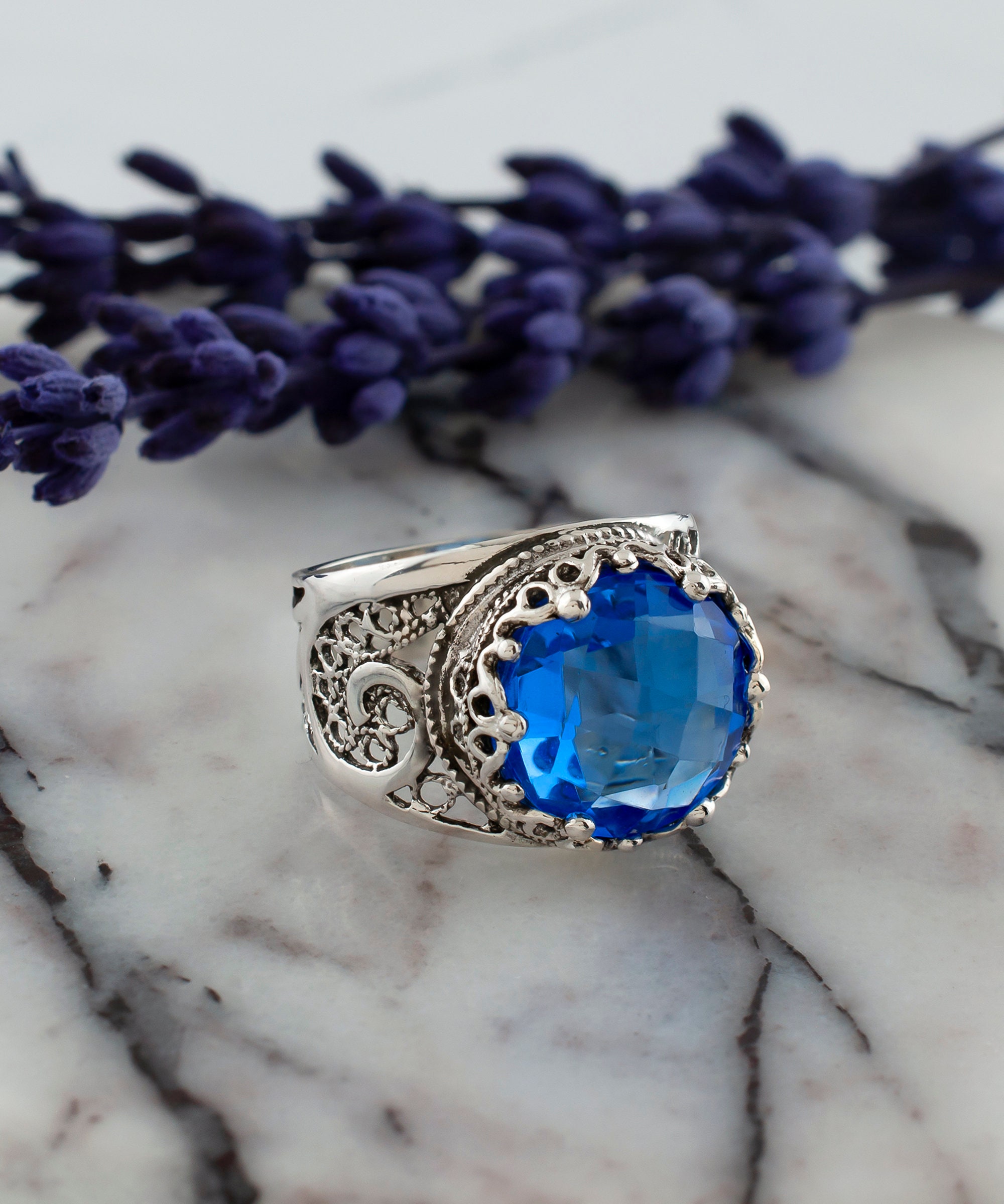 Blue Quartz Silver Medieval Boho Unisex Ring, 925 Sterling