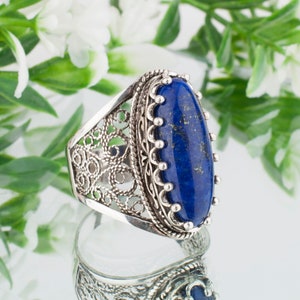 Lapis Lazuli Stone Silver Ring Oval Statement 925 Sterling Artisan Made Handcrafted Boho Filigree Cocktail Ring Handmade Women Jewelry