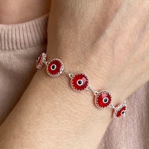 Sterling Silver Red Evil Eye Gothic Luck Bracelet, Good Luck Charm, 10 mm Transparent Red Murano Glass Beads, Goth Protection Bracelet
