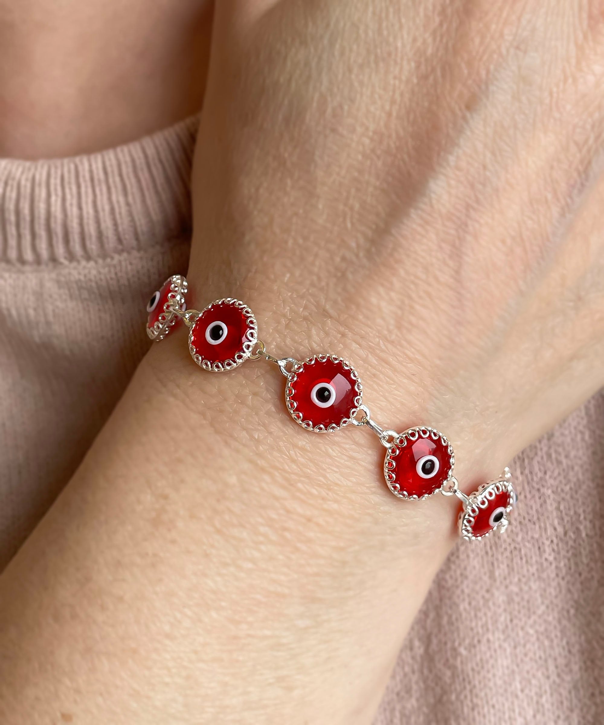 Bling Jewelry Braccialetto Occhio Di Malocchio In Argento 925 – Perline Rosso Opaco E Turchese – Portafortuna 7 Pollici - 6