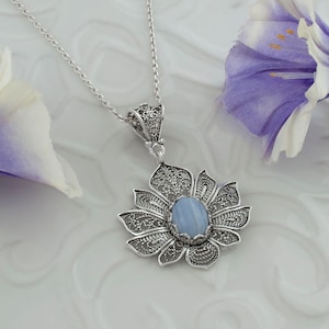 Blue Lace Agate Silver Lotus Victorian Pendant Necklace, 925 Sterling Silver Artisan Handmade Filigree Large Floral Spiritual Women Jewelry