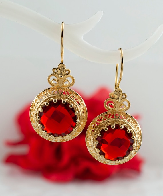Gold Ruby Boho Silver Filigree Drop Earrings, 925… - image 6