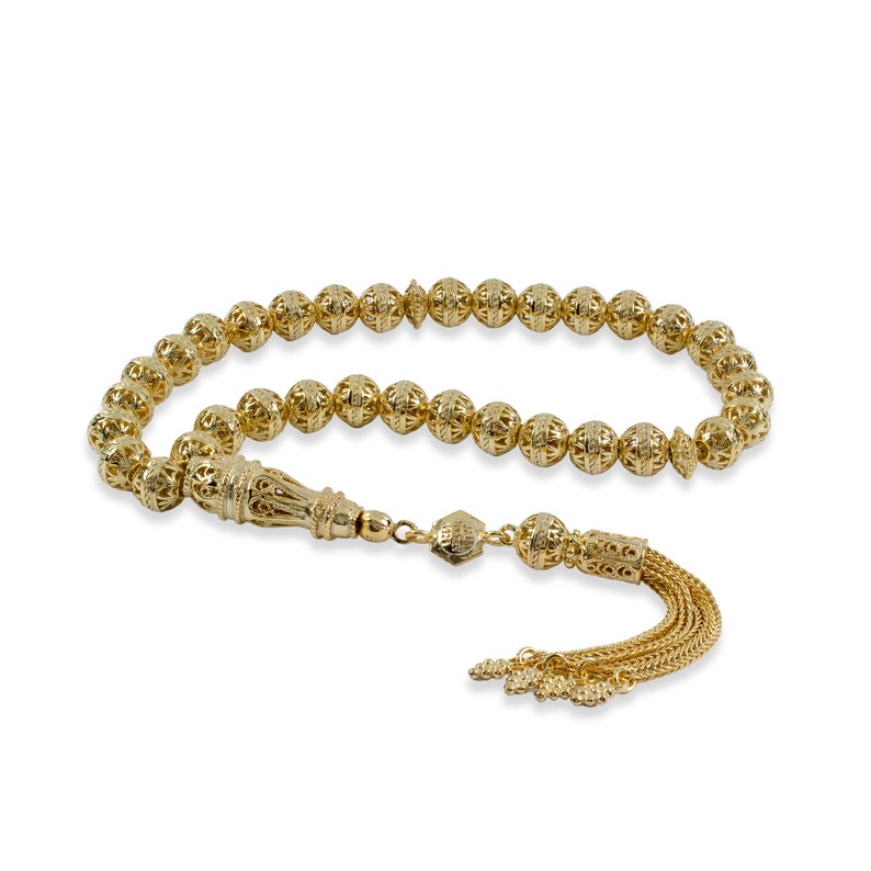 Gouden filigraan handgemaakte tasbeeh, tasbih, misbaha, moslimrozenkrans, sibha, tesbih, sterlingzilver gebed 7 mm 33 stuks ronde zorgkralen afbeelding 2
