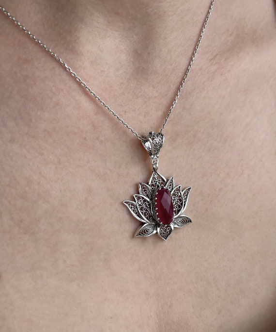 Ruby Corundum Silver Red Lotus Pendant Necklace, 925 Sterling Silver Artisan Made Filigree Floral Water Lily Women Jewelry, Victoria Flower