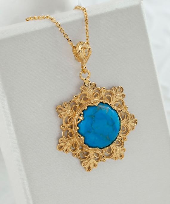 Gold Turquoise Boho Floral Silver Pendant Necklac… - image 3