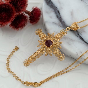Ruby Corundum Gold Handmade Silver Cross Pendant Necklace, 925 Sterling Silver 18K Gold Plated Filigree Fancy Floral Holy Cross Jewelry image 2