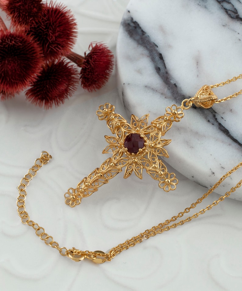 Ruby Corundum Gold Handmade Silver Cross Pendant Necklace, 925 Sterling Silver 18K Gold Plated Filigree Fancy Floral Holy Cross Jewelry image 2