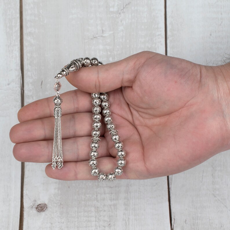 Gouden filigraan handgemaakte tasbeeh, tasbih, misbaha, moslimrozenkrans, sibha, tesbih, sterlingzilver gebed 7 mm 33 stuks ronde zorgkralen afbeelding 3