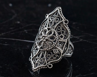 Sterling Silber Gothic filigrane Spitze Frauen Ring, Handwerker handgemachter Floral Statement Ring, handgemachter verzierter Goth Schmuck, Geburtstagsgeschenk für sie
