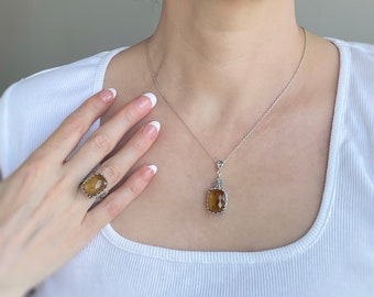 Cognac Quartz Boho Silver Jewelry Set, 925 Sterling Artisan