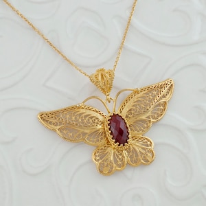 Gold Ruby Corundum Butterfly Silver Pendant Necklace, 925 Sterling Silver Gold Plated Artisan Handcrafted Filigree Pendant Handmade Necklace