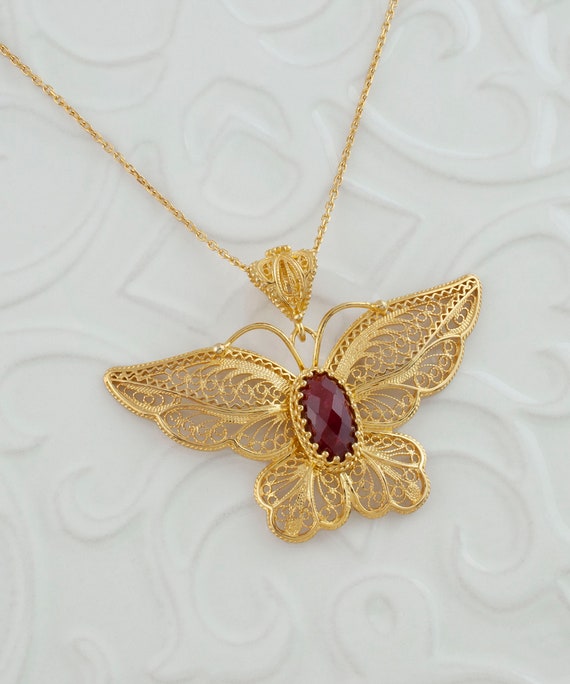 Gold Ruby Corundum Butterfly Silver Pendant Neckla