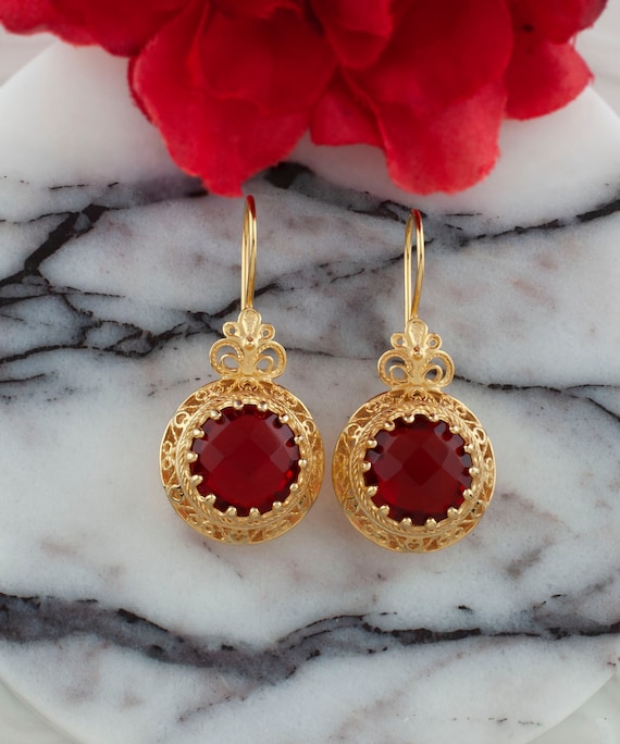 Gold Ruby Boho Silver Filigree Drop Earrings, 925… - image 10