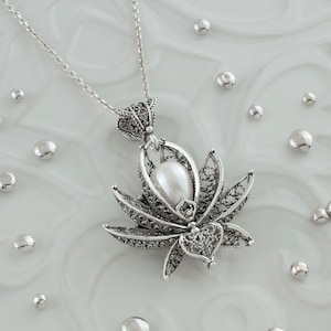 Pearl Silver Victorian Lotus Pendant Necklace, 925 Sterling Silver Pendant Artisan Handmade Filigree Floral Large Statement Pendant