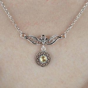 Naszyjnik z cytrynem i srebrem w stylu boho, zawieszka, 925 Sterling, ręcznie robiony filigranowy kwiatowy naszyjnik z prawdziwymi kamieniami szlachetnymi, naszyjnik z zawieszkami