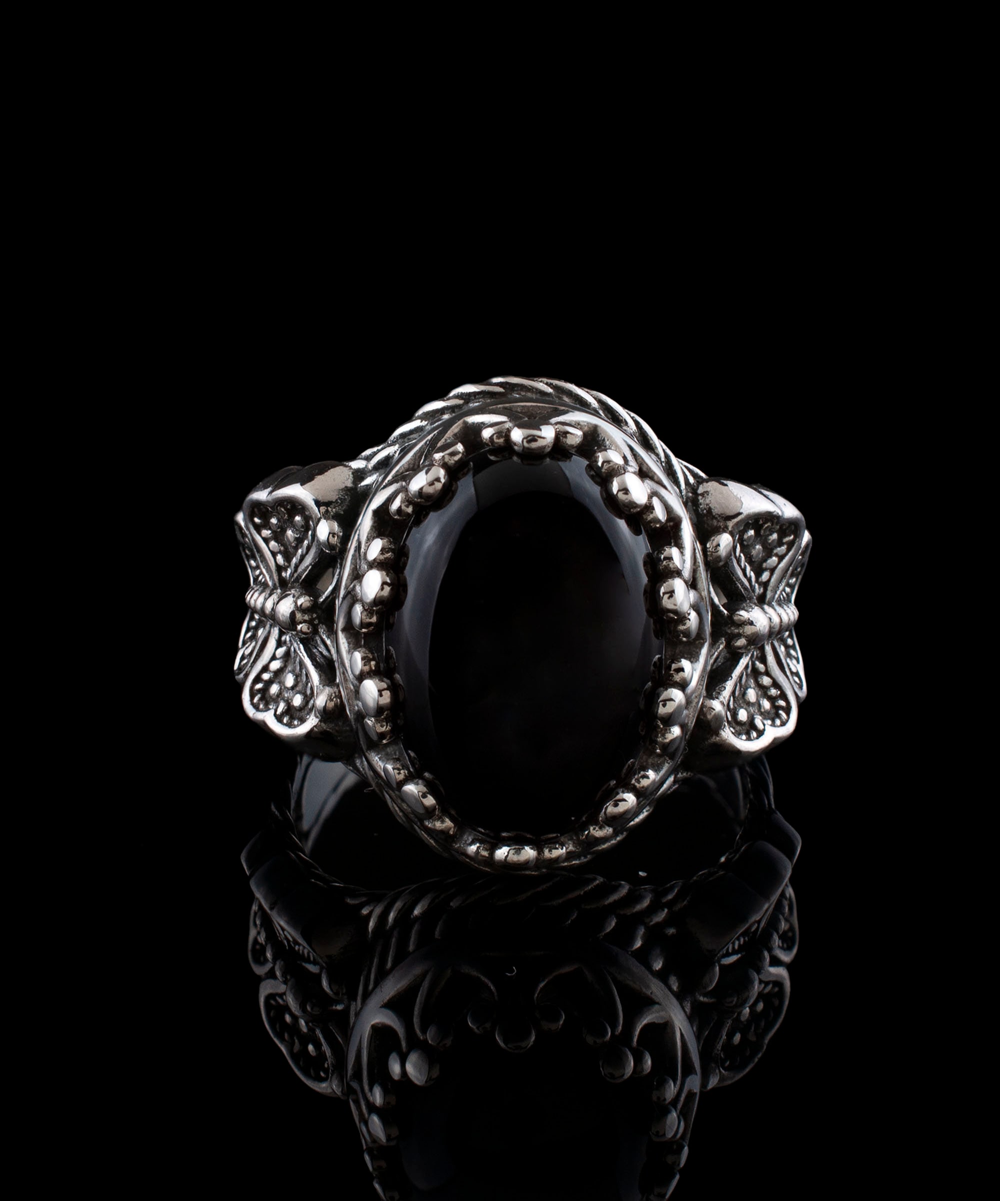 Black Onyx Silver Butterfly Goth Bold Women Ring, 925