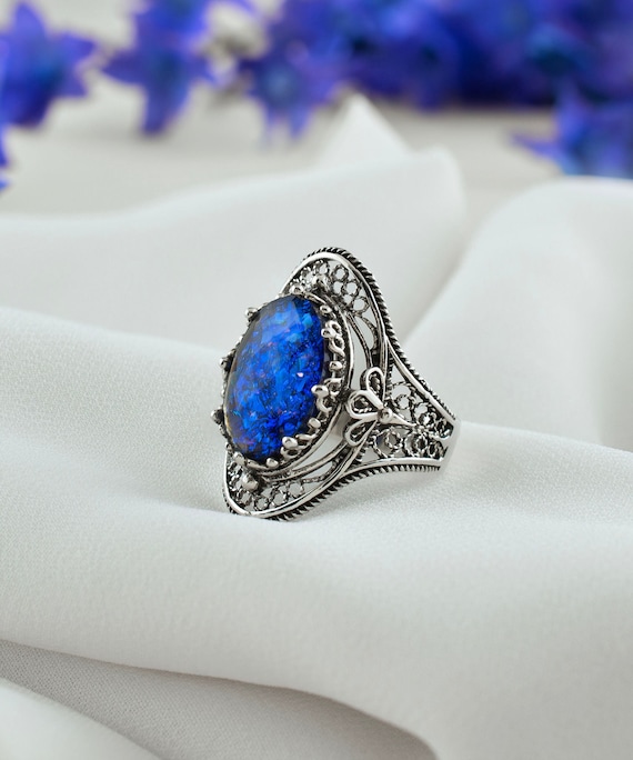 Chinese Opal Silver Filigree Floral Women Ring, Artisan Made Floral Blue Statement Ring, Sparkle Oval Cocktail Ring, 925 Sterling Silver