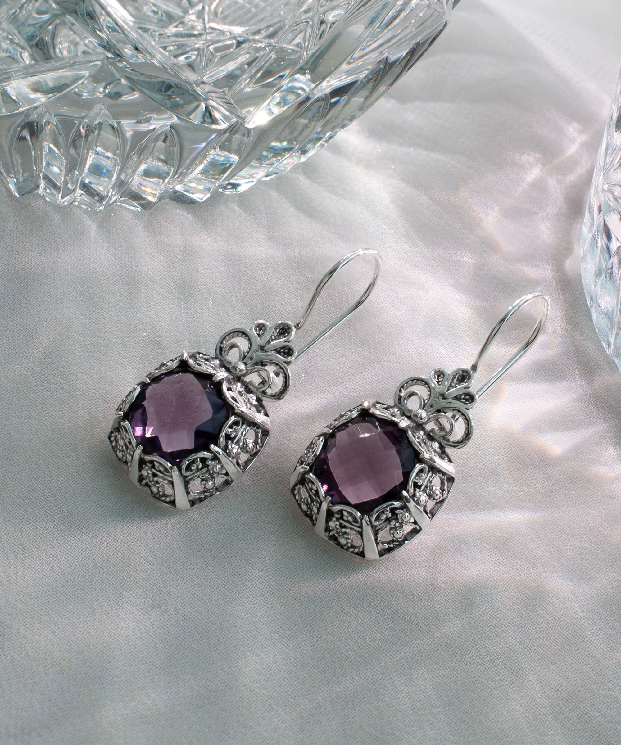 Ruby Silver Boho Floral Square Drop Earrings, 925 Sterling