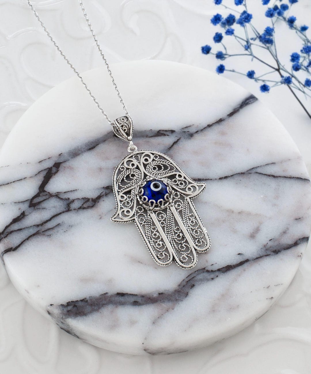 ROMANTICWORK Collana Hamsa Mano Di Fatima Con Occhio Di Malocchio - In Argento 925, Con Pietre Turchese, Onice, Pietra Di Luna, Idea Regalo - 6