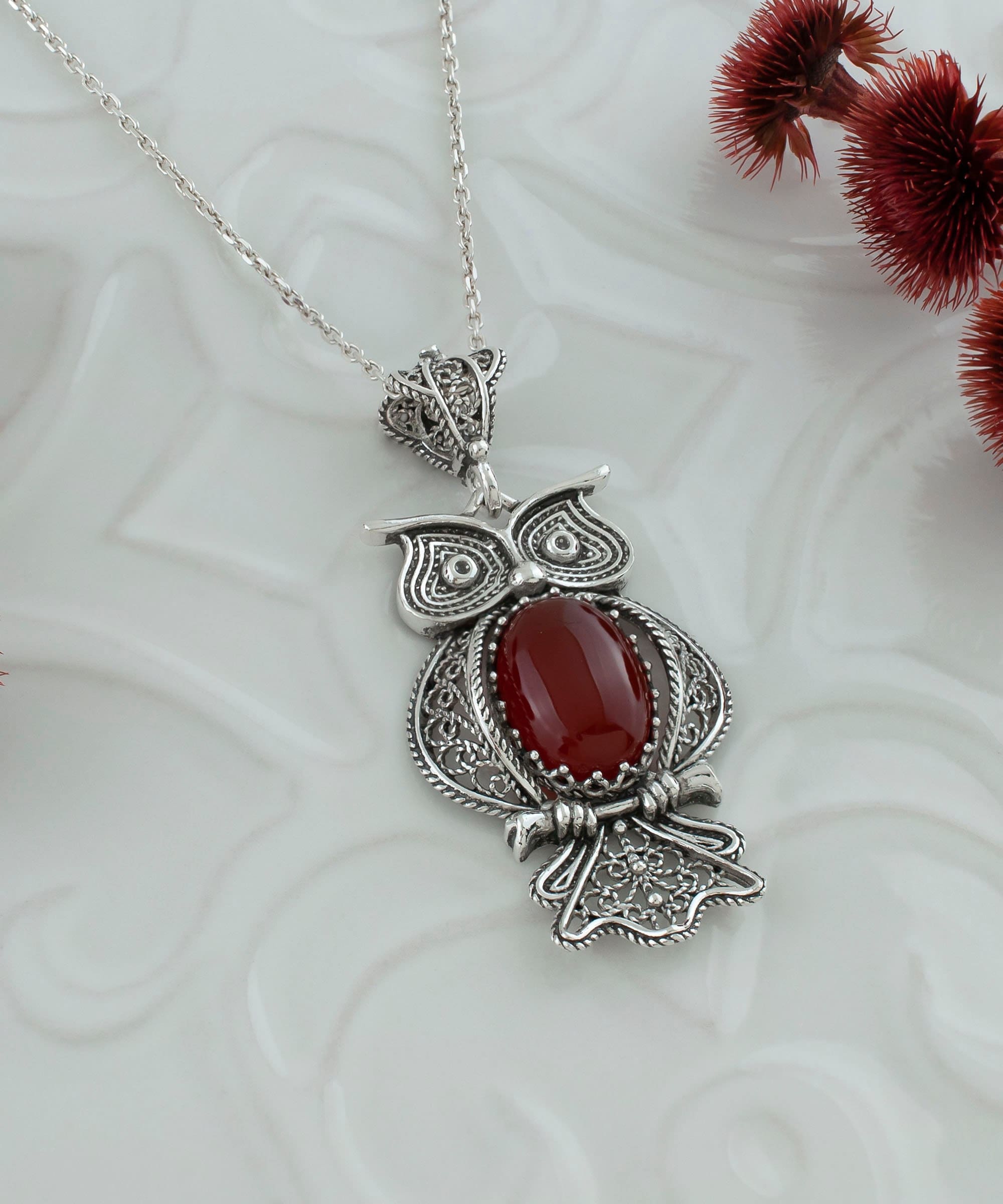 Carnelian Silver Owl Gothic Pendant Necklace, 925 Sterling, Artisan Handmade Filigree Fancy Animal L