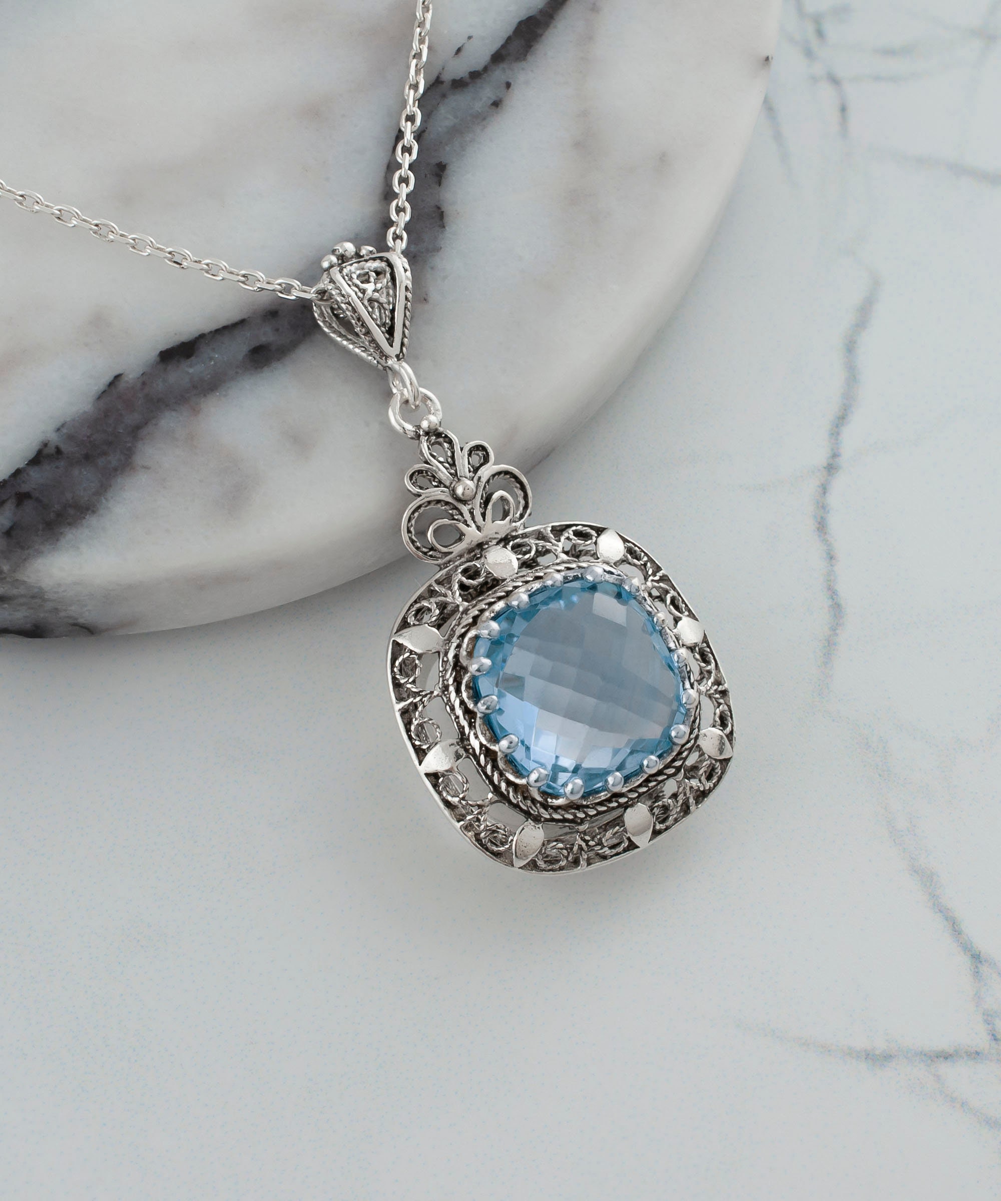 Sky Blue Topaz Silver Victorian Pendant Necklace, 925 Sterling Artisan Made Filigree, Topaz Gemstone Boho Woman Handmade Jewelry