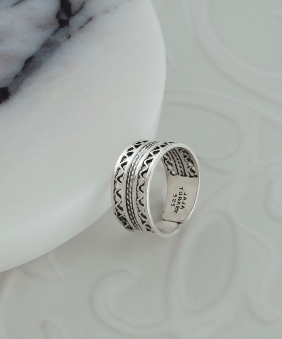 Sterling Silver Wide Nordic Midi Band Ring, Artisan Made
