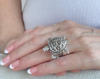 Bague Tortue En Argent Sterling 925 - Fait Main, Style Art Déco - Taille 5.5