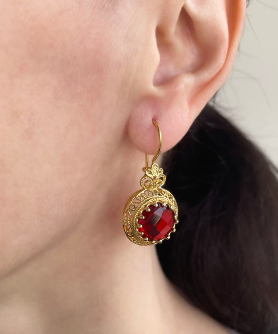 Gold Ruby Boho Silver Filigree Drop Earrings, 925… - image 1