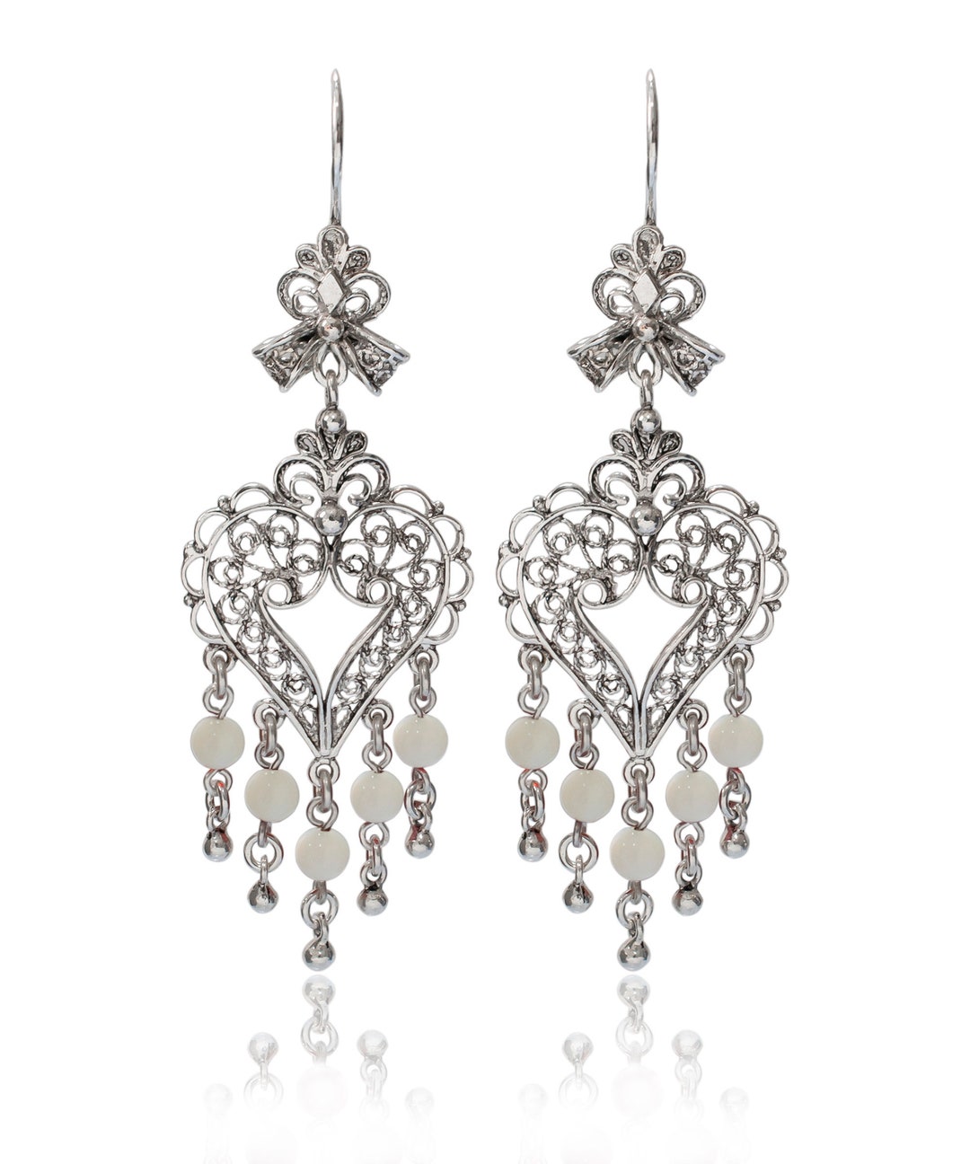 Mother of Pearl Beaded Silver Statement Heart Earrings, 925