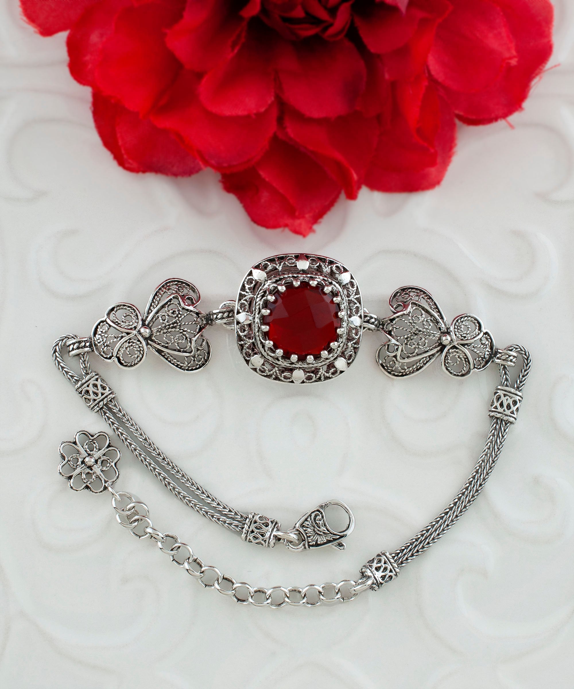 シルバー　925   ルビー Ruby Silver Gothic Filigree Square Women Bracelet, 925