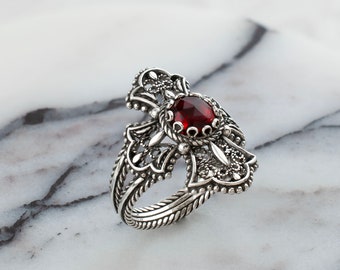 Ruby Silver Gothic Medieval Cross Ring, 925 Sterling Silver Red