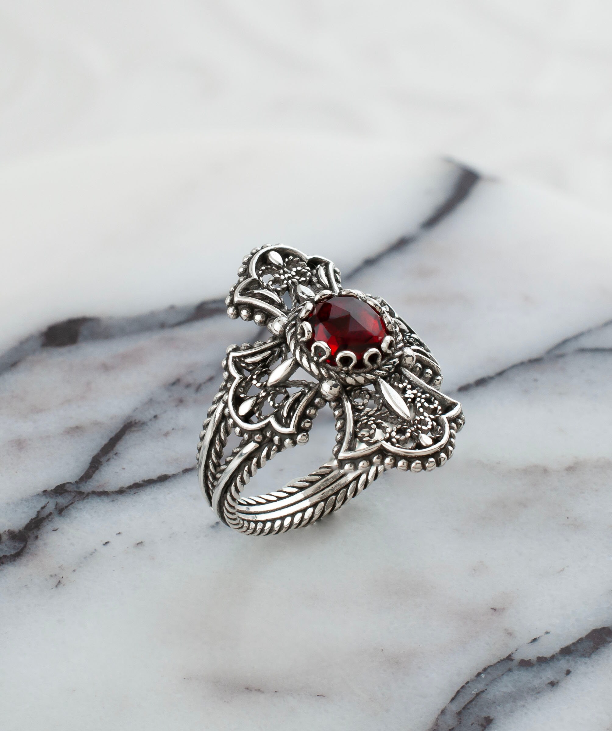 Ruby Silver Gothic Medieval Cross Ring, 925 Sterling Silver