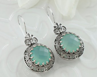 Orecchini Pendenti In Argento Sterling Placcato Oro Con Pietre Aqua Calcedonio - Gioiello Boho Chic Donna