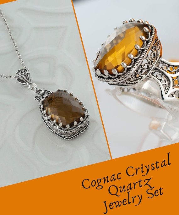 Cognac Quartz Boho Silver Jewelry Set, 925 Sterling Artisan Made Filigree Polaris Star Band Detailed Jewelry Set, Big Large Crystal Gemstone