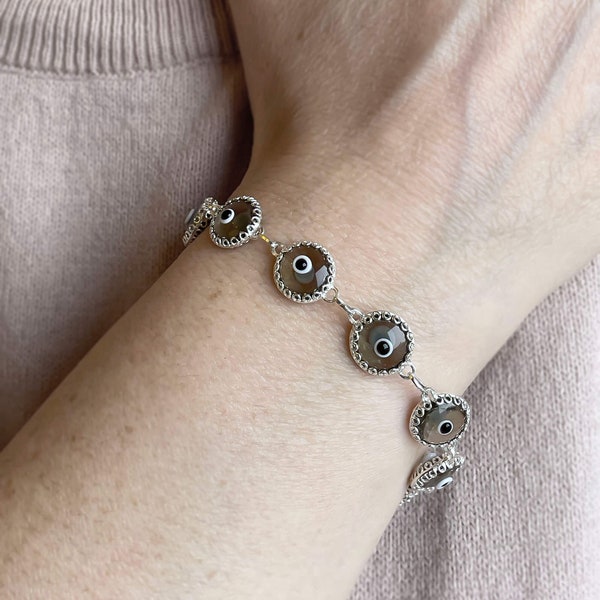 925 Sterling Silver Smoky Evil Eye Boho Bracelet, Good Luck Charm Bracelet, 10 mm Transparent Gray Murano Glass Beads, Protection Bracelet