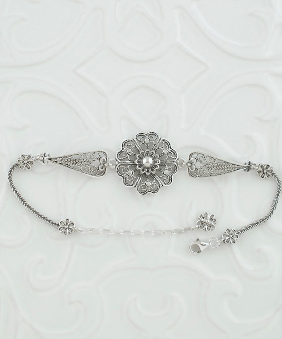 Silver Handmade Filigree Flower Bracelet, 925 Sterling Silver Handmade Filigree Flower Bracelet, 925 Sterling