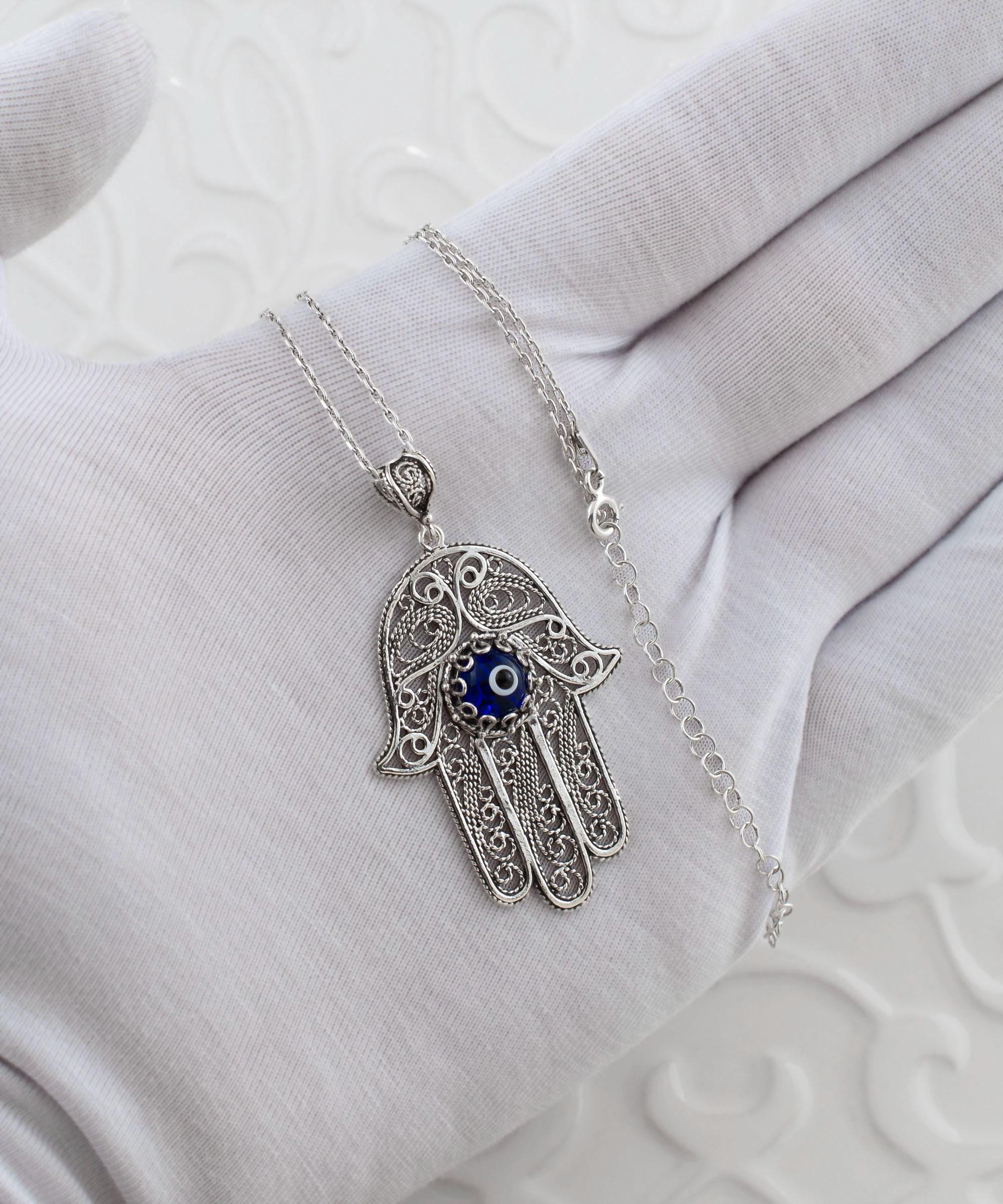 Hamsa Evil Eye Collana in argento Sterling 925 con mano della Fatima