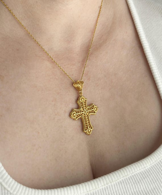 Gold Religious Victorian Cross Pendant Necklace, 925 Sterling Silver, Latin Christian Gift, Women Filigree Holy Cross Jewelry, Gold Plated