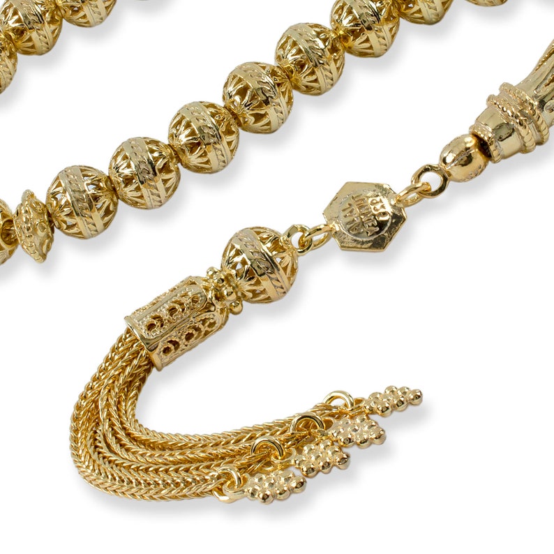 Gouden filigraan handgemaakte tasbeeh, tasbih, misbaha, moslimrozenkrans, sibha, tesbih, sterlingzilver gebed 7 mm 33 stuks ronde zorgkralen afbeelding 4