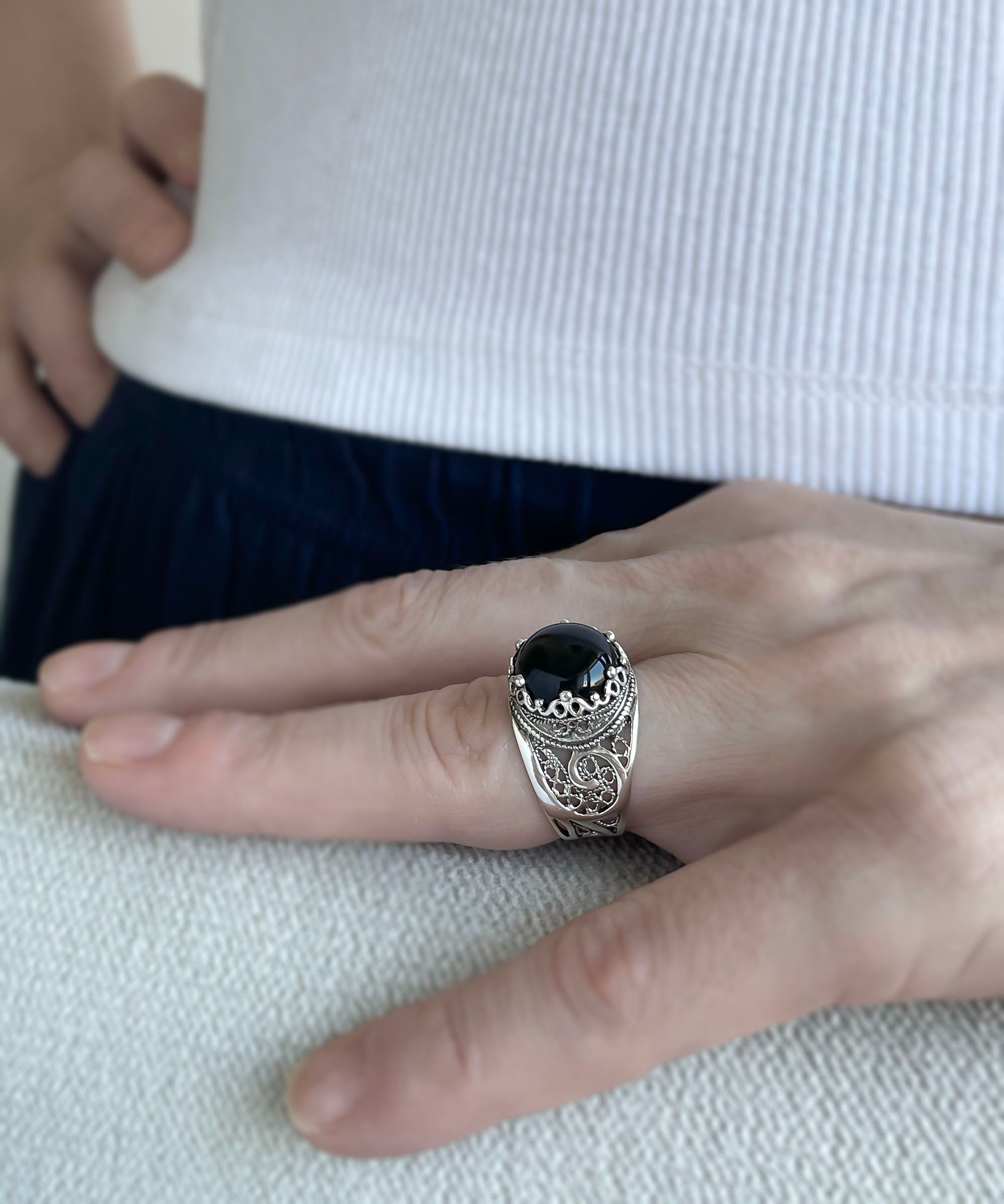 Black Onyx Silver Filigree Gothic Dark Star Ring, 925