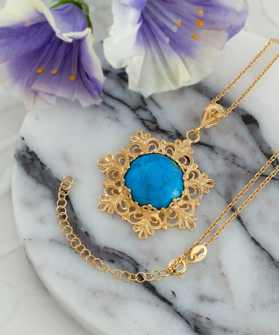Gold Turquoise Boho Floral Silver Pendant Necklac… - image 4