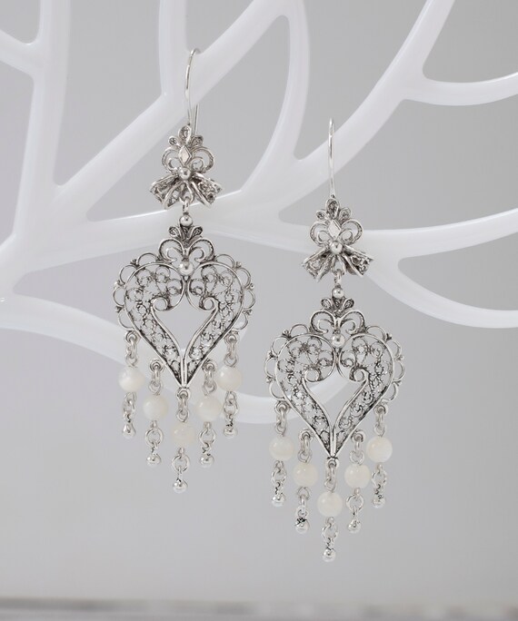 Mother of Pearl Beaded Silver Statement Heart Earrings, 925