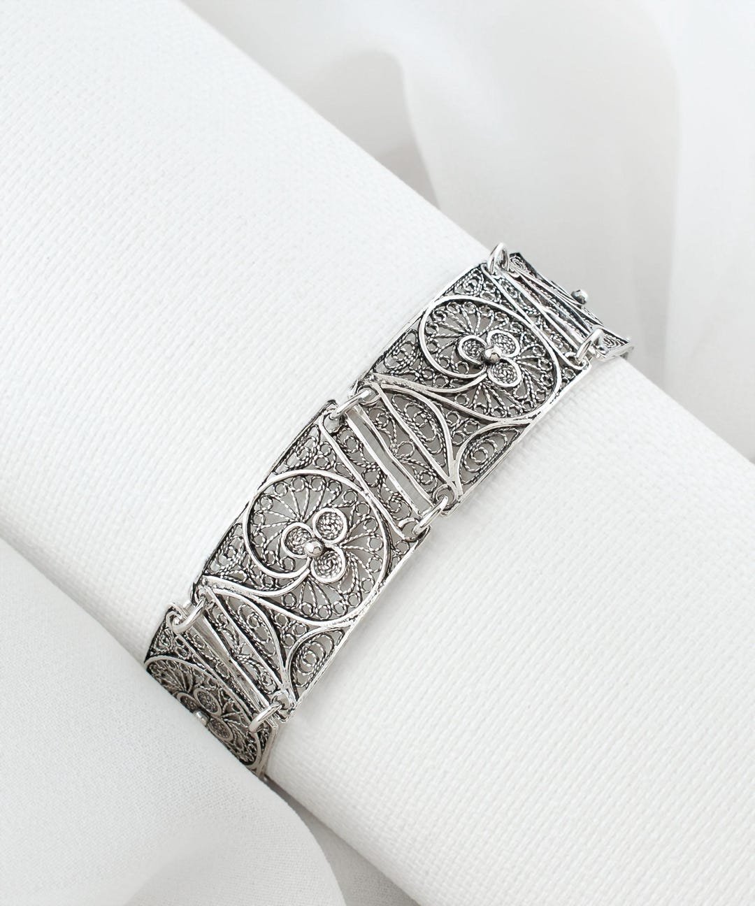 Silver Filigree Clover Panel Bracelet 925 Sterling Silver Artisan