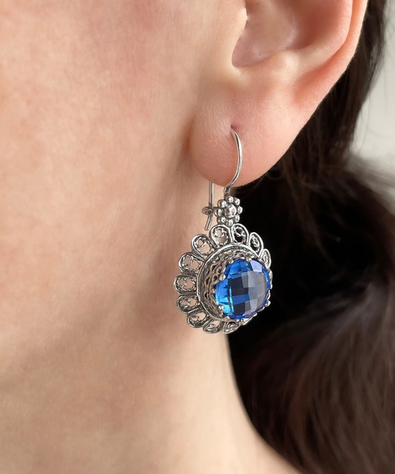 Delicati orecchini pendenti in argento sterling 925 con albero della vita in filigrana, quarzo blu, citrino, topazio e ametista - Italia