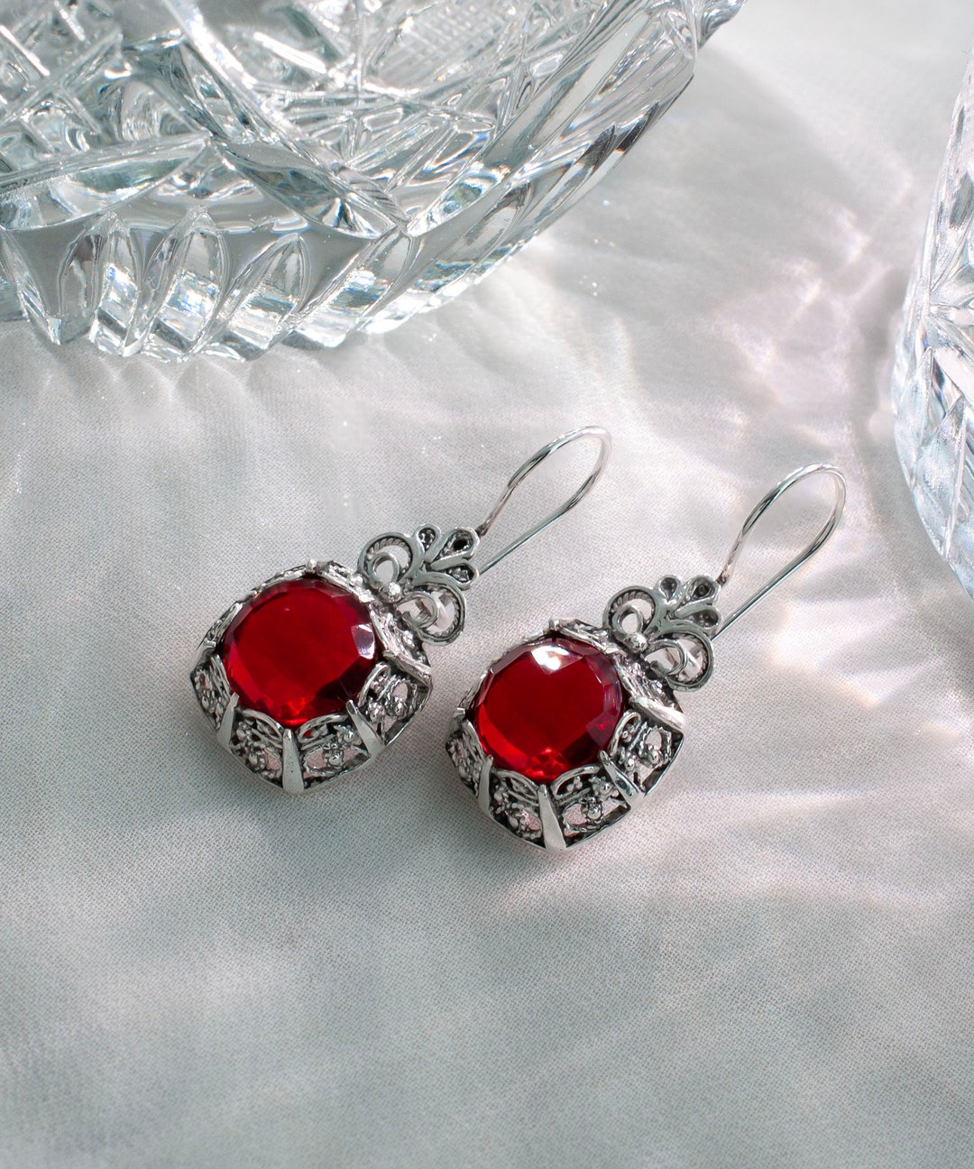 Silver earrings with red stones best sale