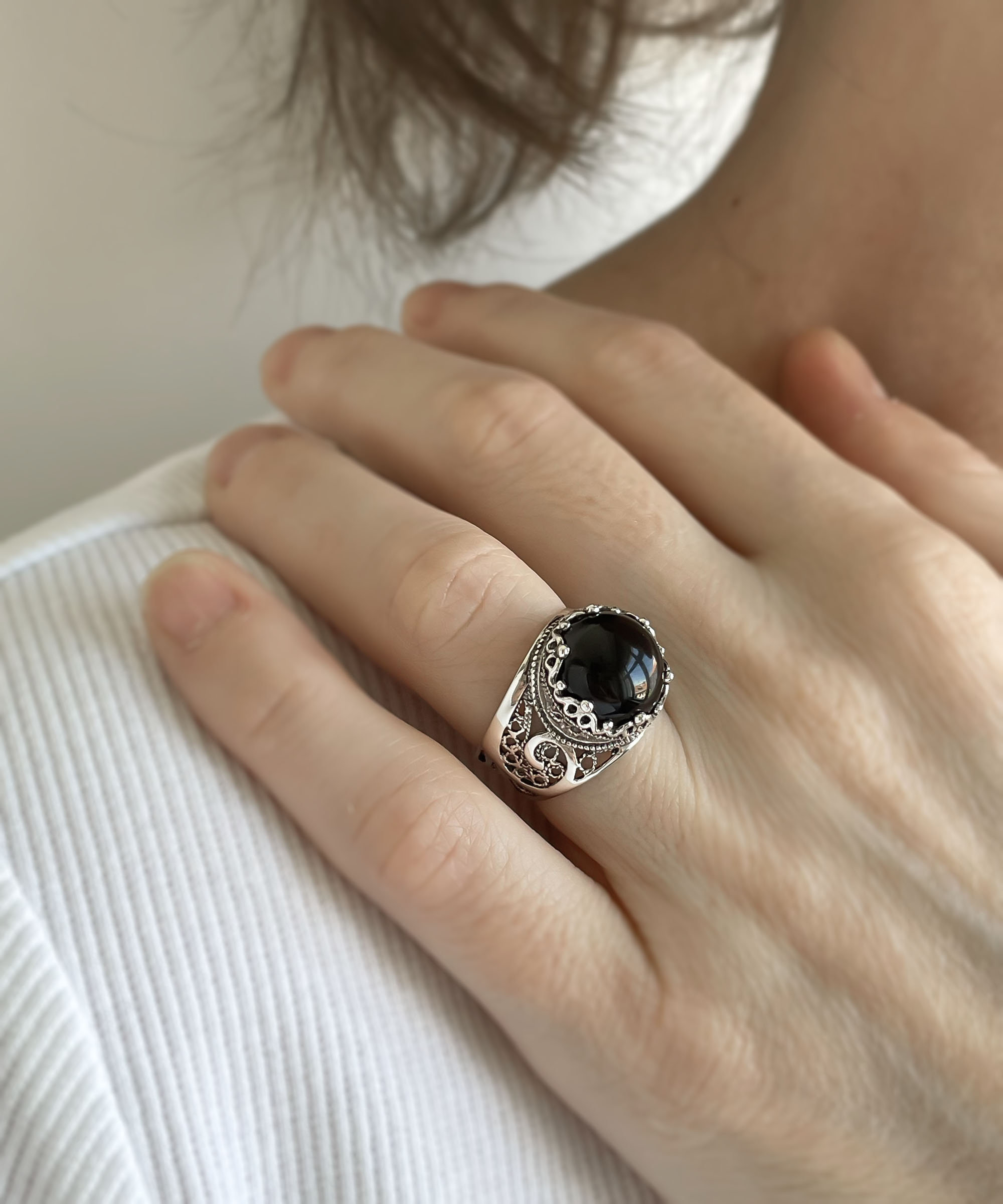 Black Onyx Silver Filigree Gothic Dark Star Ring, 925