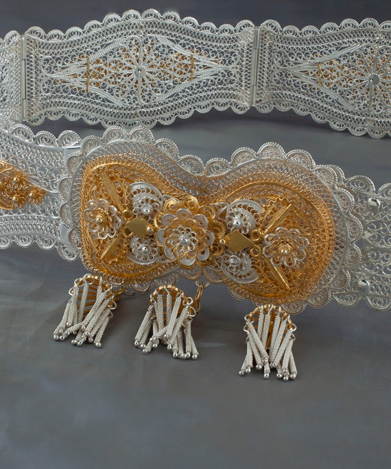 18k Gold Accented Filigree Bridal Belt, 925 Sterling Silver